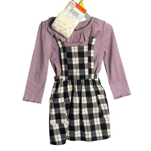 Wonder Nation 3T Girls 3pc Set Pinafore‎ Skirt Overalls Long Sleeve Tights Plaid - Picture 1 of 8